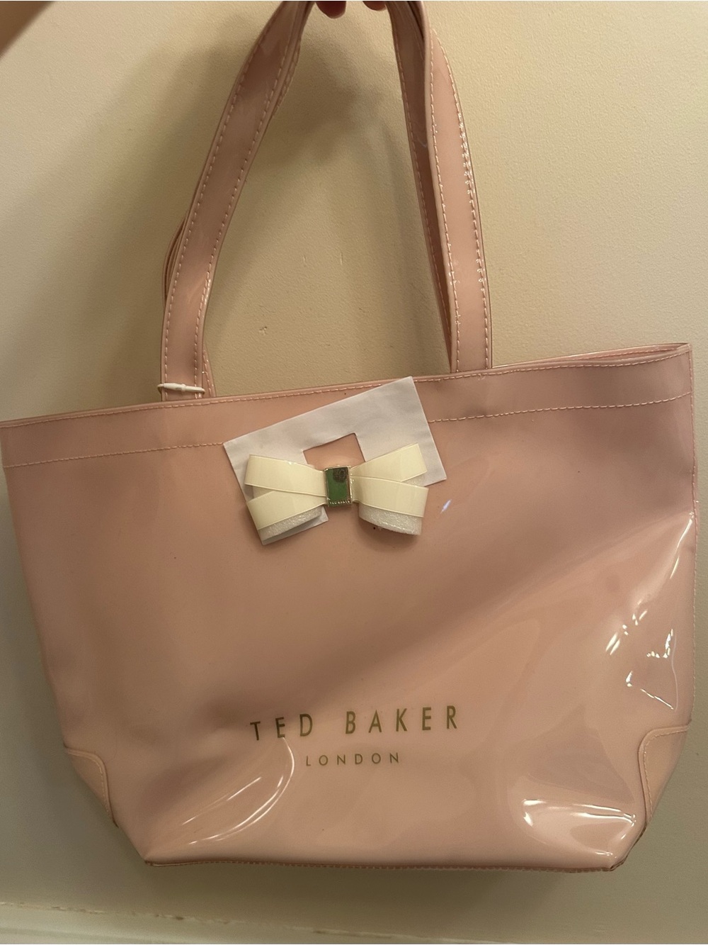 Ted Baker Dusty Pink Patent Tote with Cream Bow and Gold Accent